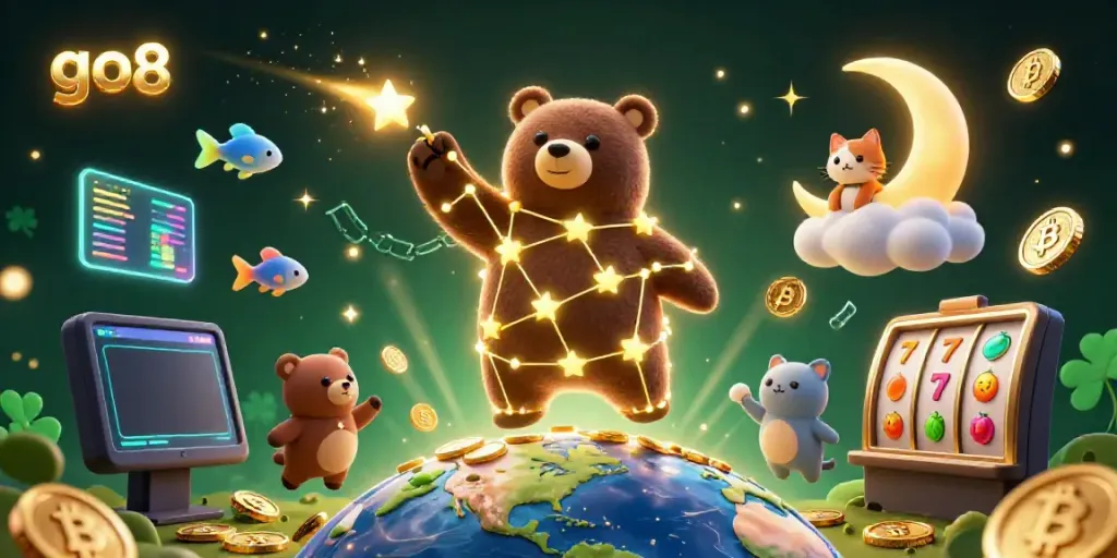 Engaging go8 casino scene with a constellation bear, coins, Bitcoin, Ethereum, and dynamic slot reels.