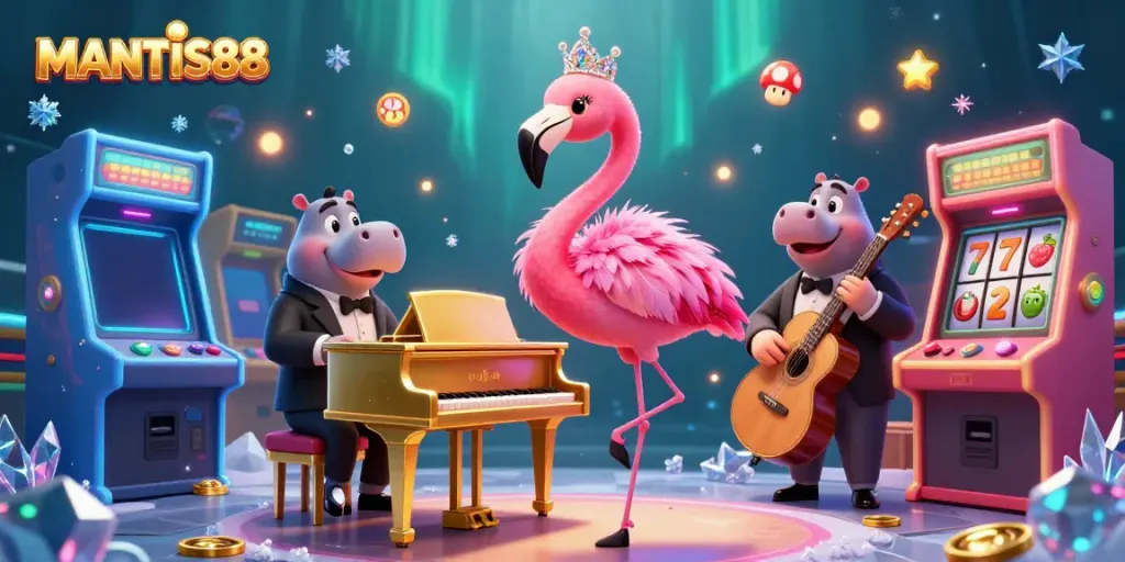 Join the vibrant fun at MANTIS88 with a lively casino scene featuring a singing flamingo and hippo bassist amid colorful gaming elements.