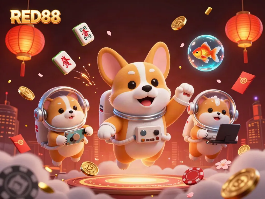 Experience the excitement of gambling at RED88 with vibrant casino elements and engaging characters.