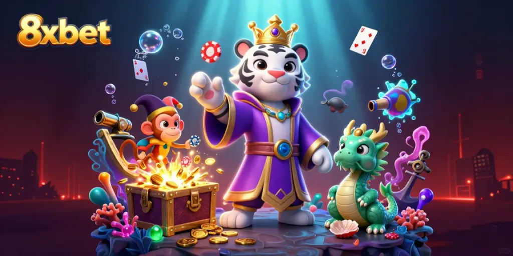 Experience thrilling gameplay with 8xbet's vibrant casino illustration featuring epic characters and gaming elements.