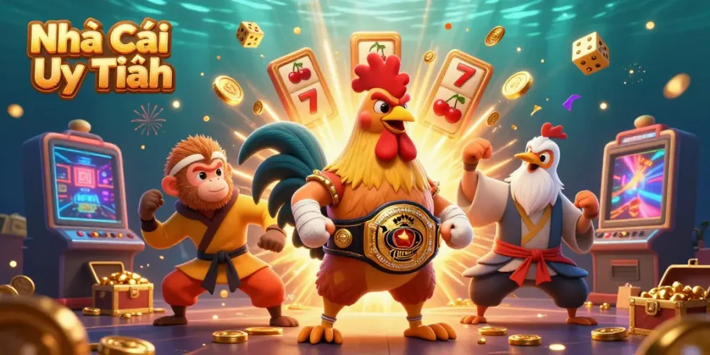 Engage with Nhà Cái Uy Tín in this vivid casino scene featuring dynamic characters and rich gaming elements.