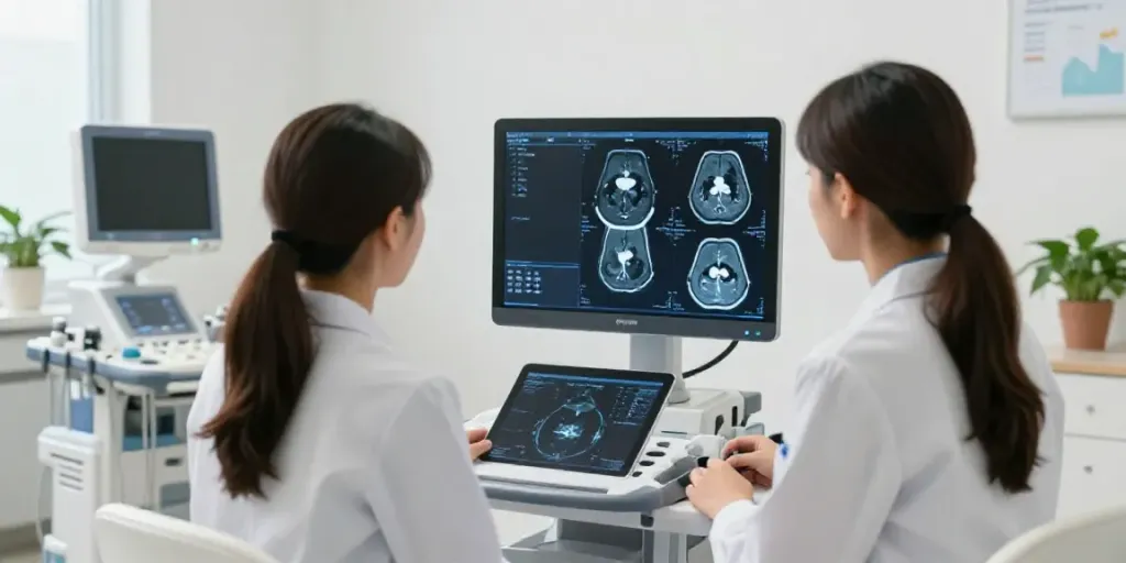 Moderne Radiologie Wolfsburg: Arzt bespricht CT- und MRT-Bilder mit Patient in freundlicher Atmosphäre.