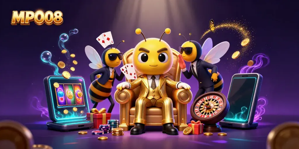 Experience thrilling gameplay on MPO08 with a vibrant casino scene featuring unique characters and engaging gaming elements.