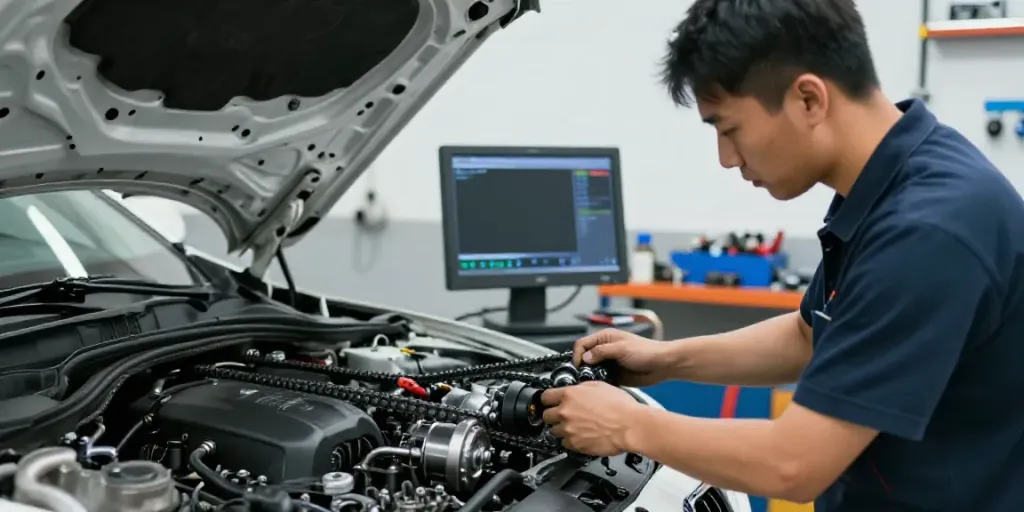 Expert mechanic in Hannover examining BMW timing chain during a repair service.