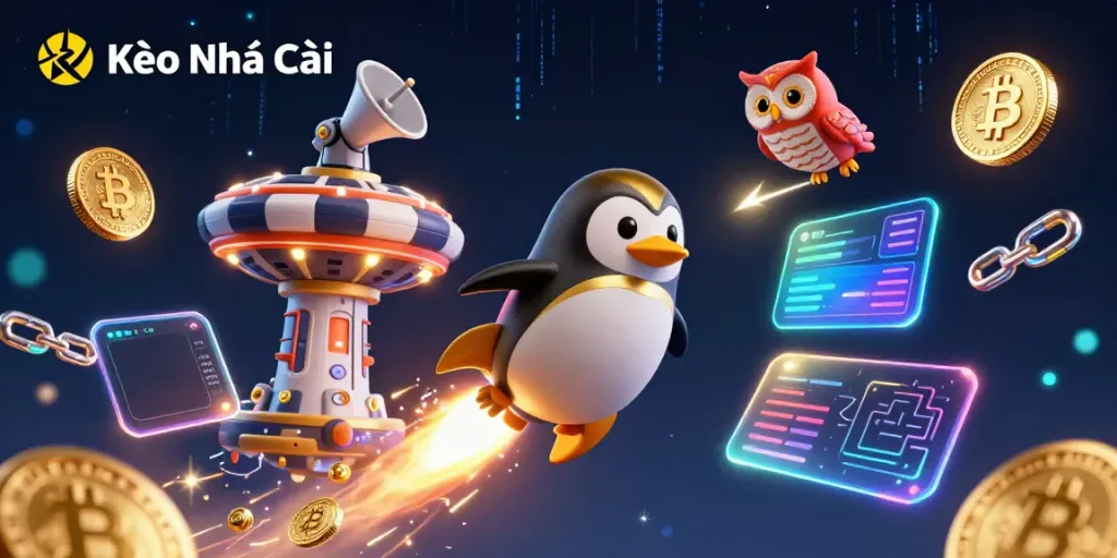Kèo Nhà Cái offers a thrilling visual depiction of a golden penguin and poker chip casino in space with vibrant elements.