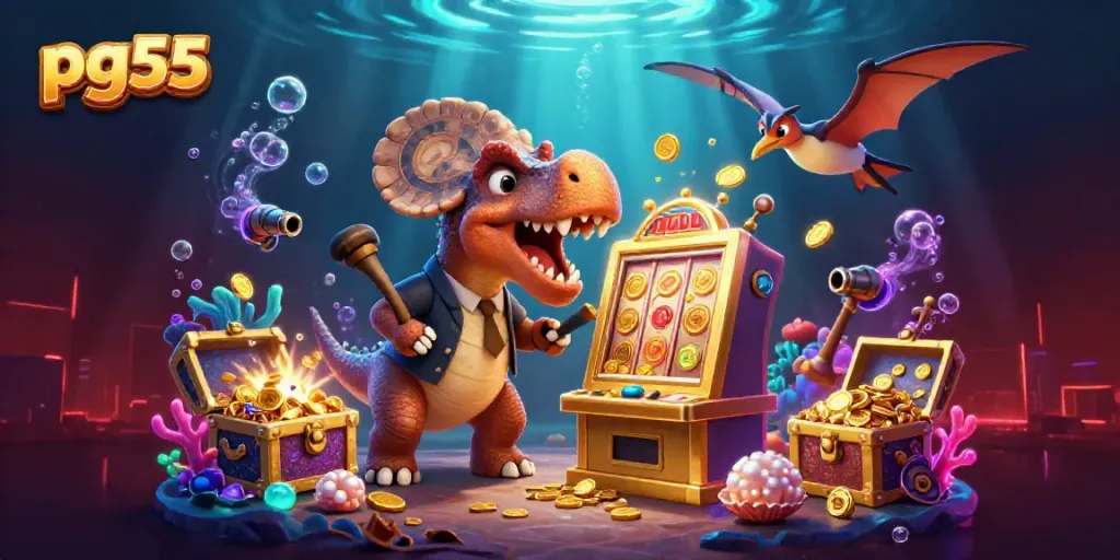 Experience the excitement of pg55 as a pachycephalosaurus wins big, surrounded by coins and casino elements.