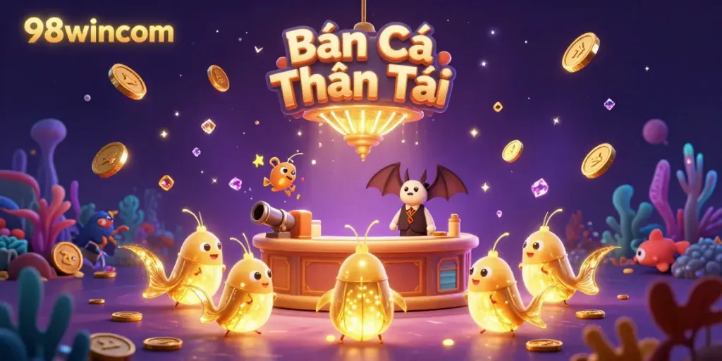 Experience the vibrant underwater casino with 98wincom's glowworm-themed illustration featuring fish shooting game elements.
