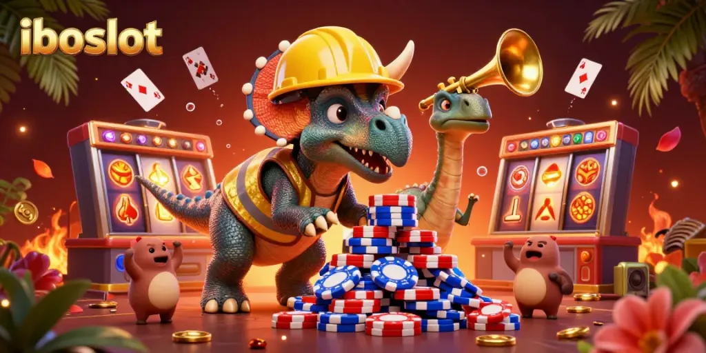 Celebrate with iboslot's vibrant 3D gaming scene featuring a triceratops and exciting slot elements.