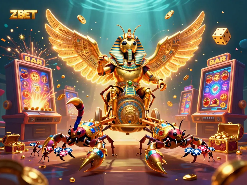 ZBET reveals a vibrant casino scene with a golden scarab beetle, scorpions, and bursting slot machine.