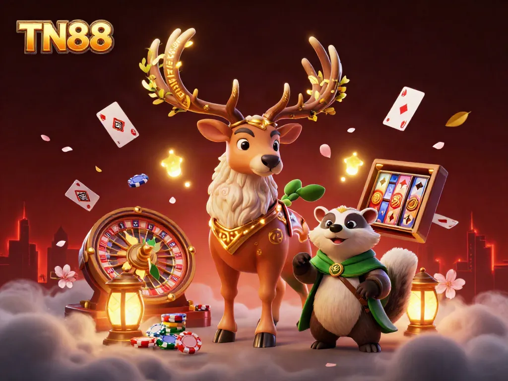 Experience the thrilling world of TN88 with a magical casino scene featuring dynamic game elements
