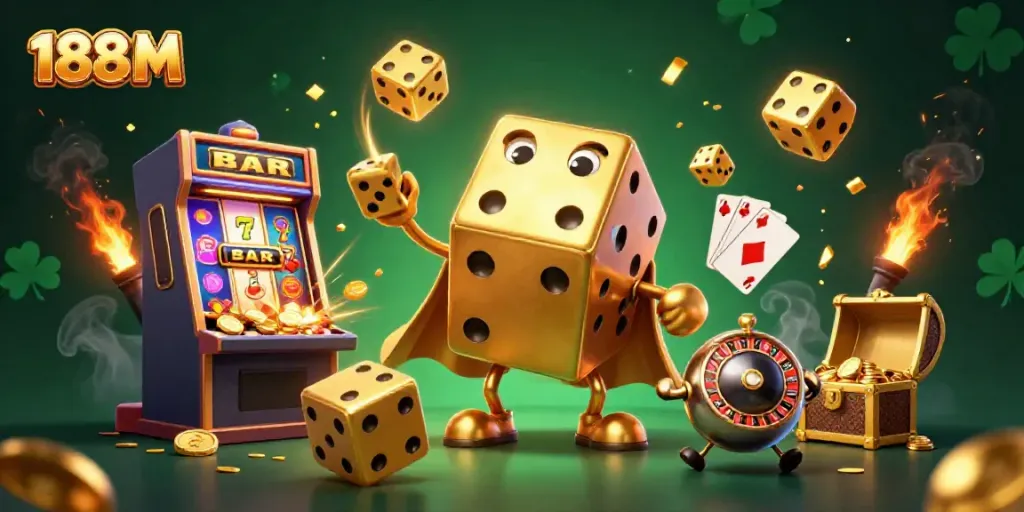 Experience thrilling gameplay at 188 M with a dazzling golden dice golem and jackpots bursting with coins.