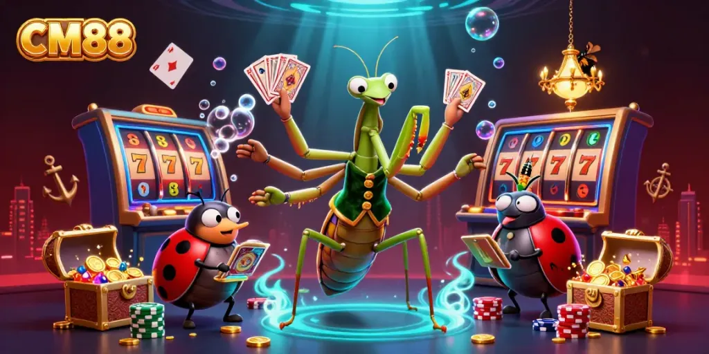 CM88 features a vibrant 3D scene with a giant mantis card sharp and ladybug pit boss, surrounded by slot reels and treasure elements.