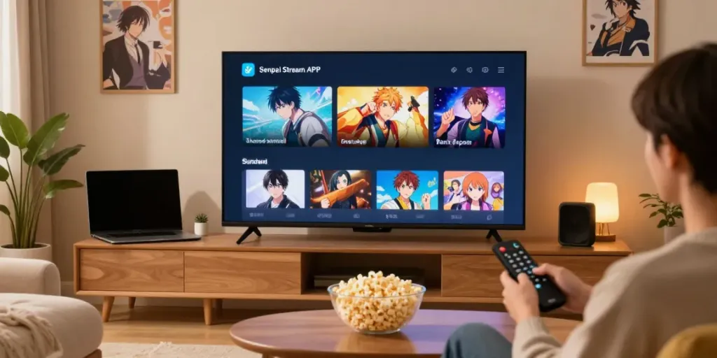 Interface de Senpai Stream APK sur un téléviseur dans un salon accueillant, avec des utilisateurs à l’aise.