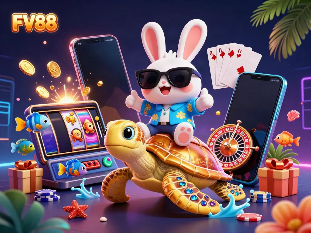 Experience the excitement of FV88 as a lucky rabbit and golden turtle interact among vibrant casino elements.