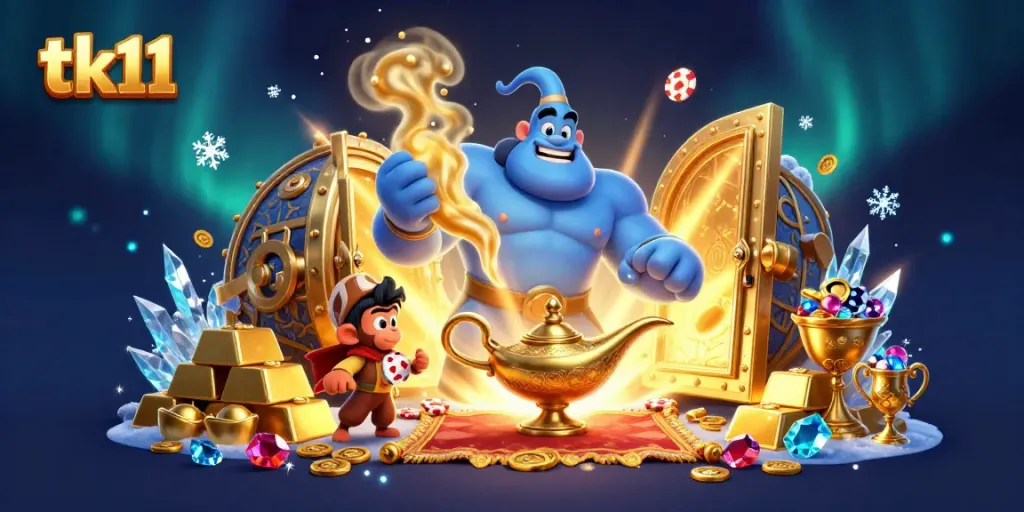 Win big with tk11 in a vibrant casino scene featuring a genie and treasures.