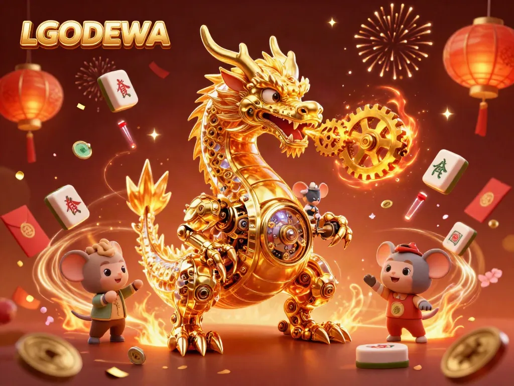 Engage in thrilling online gaming with LGODEWA's vibrant 3D dragon illustration featuring dynamic casino elements.