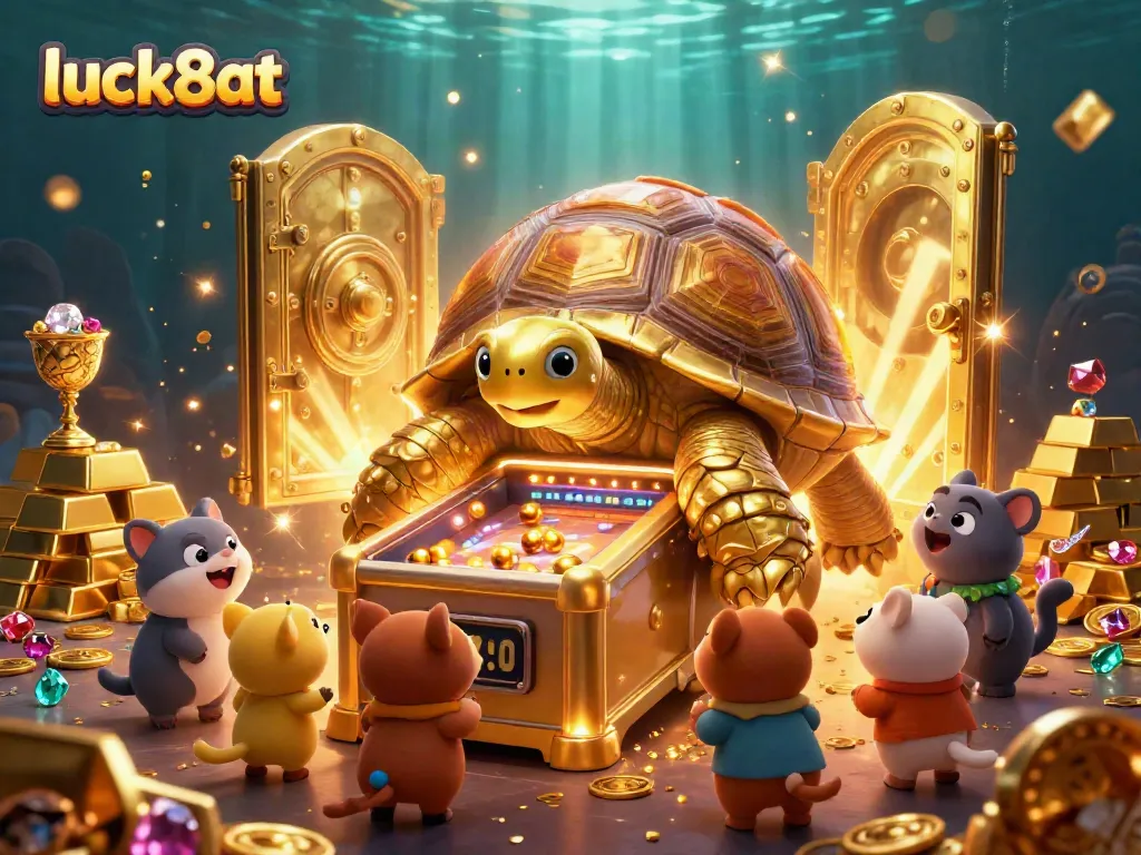 Experience the excitement of luck8at with golden tortoise, sparkling treasure, and vibrant casino elements.