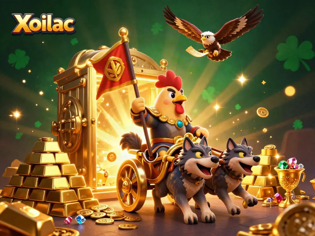 Xoilac showcases thrilling online sports excitement with a 3D fight scene featuring cartoon warriors and treasures.