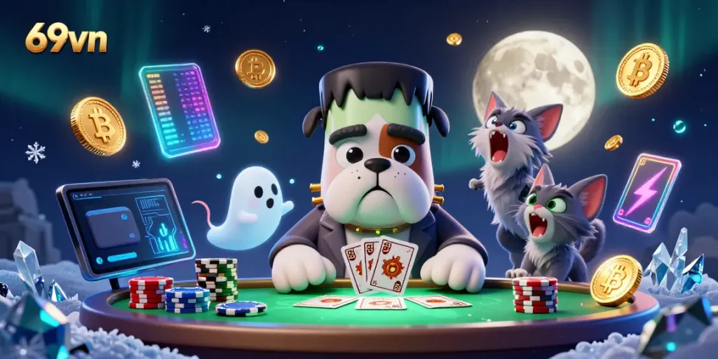 Experience thrilling gameplay with the 69vn Halloween casino scene featuring a playful bulldog dealer and magical elements.