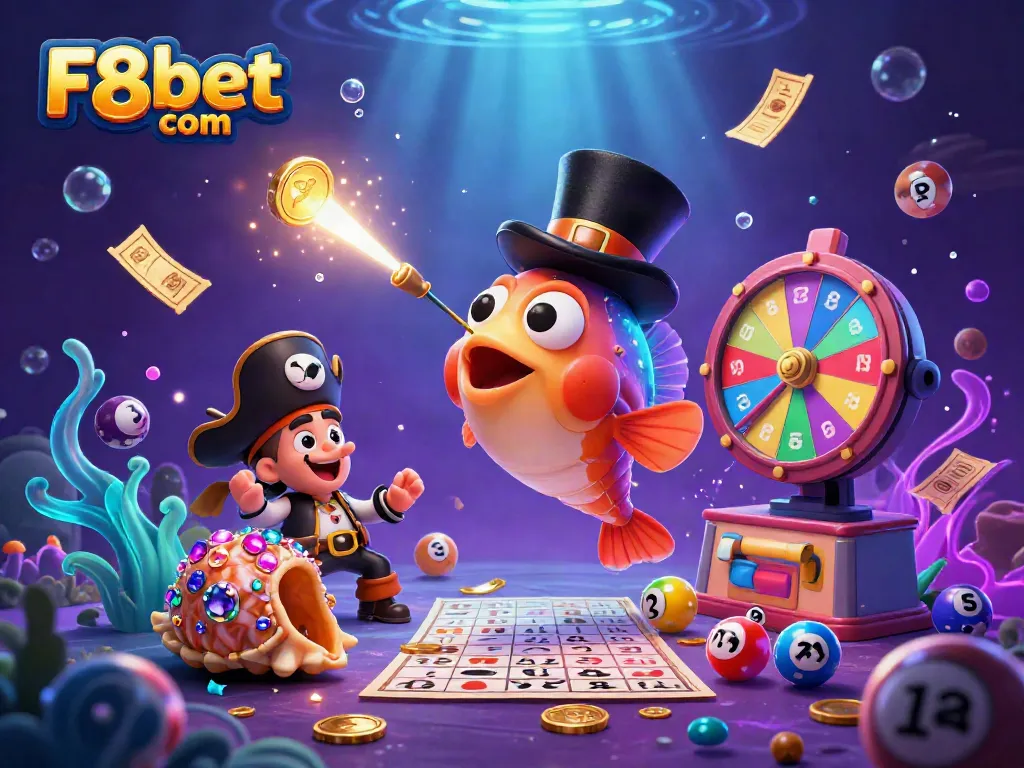 Win big with F8bet com in a vibrant 3D scene featuring a deep-sea anglerfish and treasure elements.