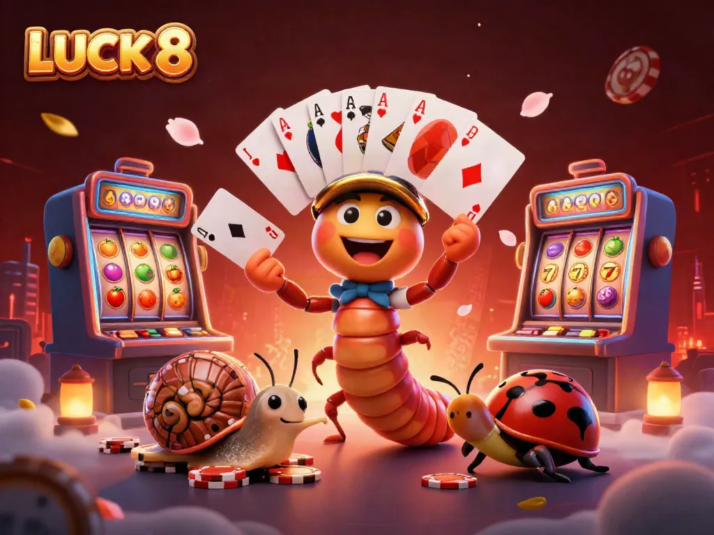 Join the action at LUCK 8 with a vibrant casino scene featuring a millipede dealer and high-rolling characters.