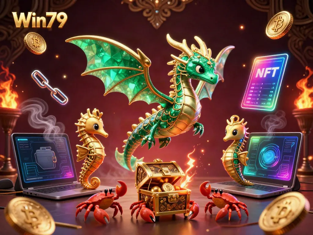 Win79 showcases a vibrant gaming scene with a sea dragon, treasure chest, and cryptographic elements enriching the experience.