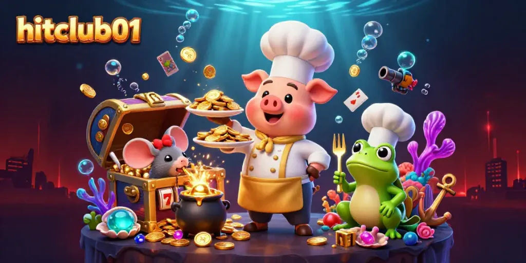Experience the excitement of hitclub01 with vibrant characters and gold coins amid a bustling casino scene.