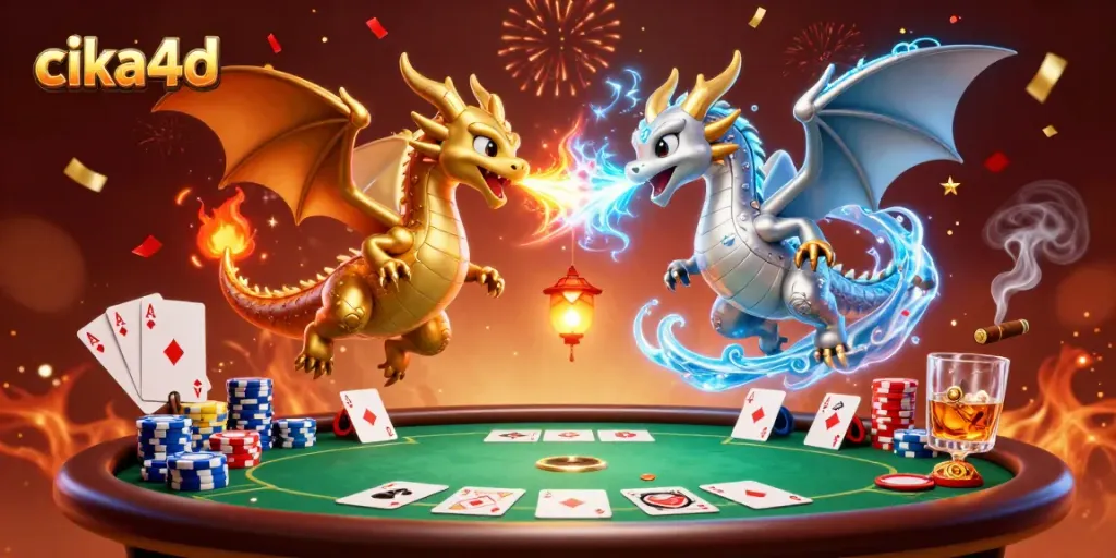 Experience thrilling moments with CIKA4D dragons showcasing fiery poker action at a vibrant casino scene.