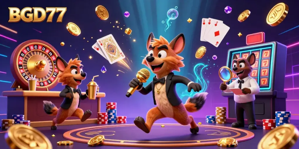 Experience the excitement of BGD77 casino with lively hyenas in a comedic setting, surrounded by vibrant casino elements.
