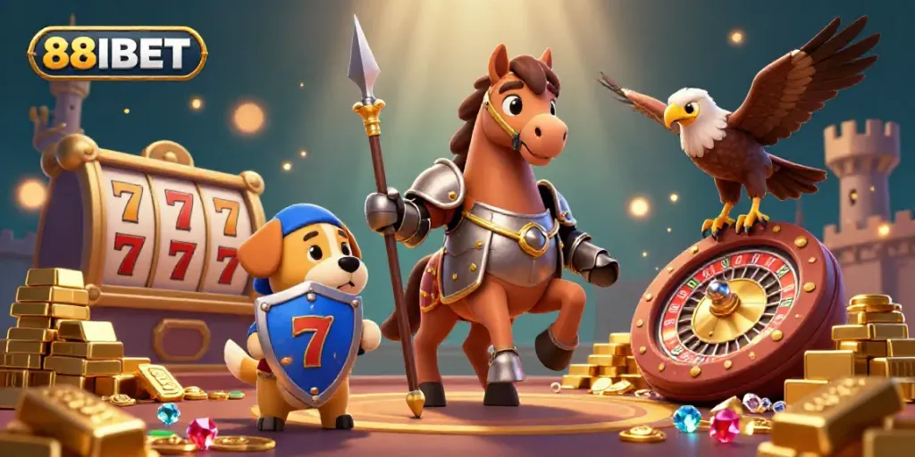 Experience thrilling gameplay with 88IBET featuring knights and casino elements in a captivating 3D scene.