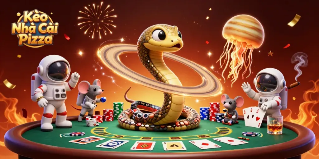 Kèo Nhà Cái Pizza showcases a cosmic scene of betting astronauts with casino elements like poker chips and cards.