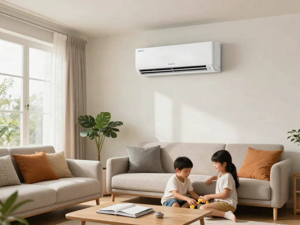 Cozy living room with a mini split air conditioner, family enjoying time together.