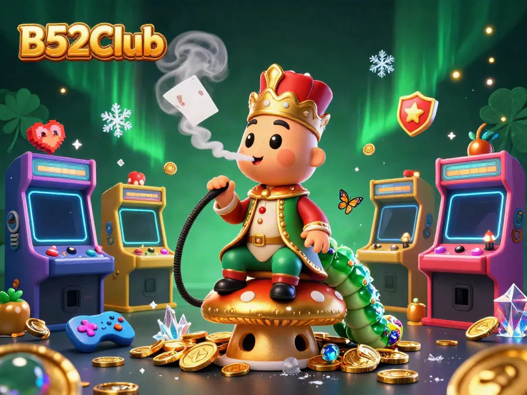 Experience the vibrant world of B52Club through a 3D cartoon illustration of a caterpillar hookah-master amidst gaming elements.