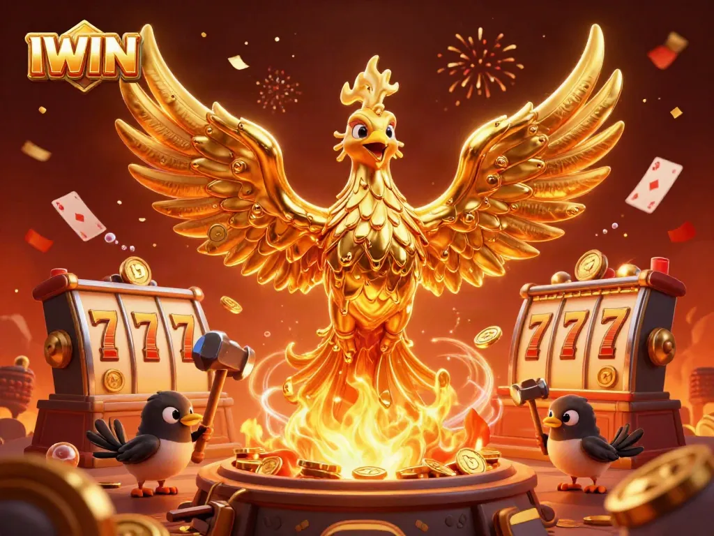 IWIN casino atmosphere with a molten metal phoenix and dynamic slot elements, showcasing vibrant gaming action.