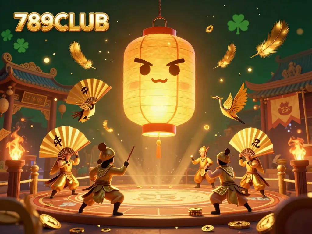 Engage in casino fun with 789CLUB, featuring vibrant 3D elements of a lantern spirit and gold coins.