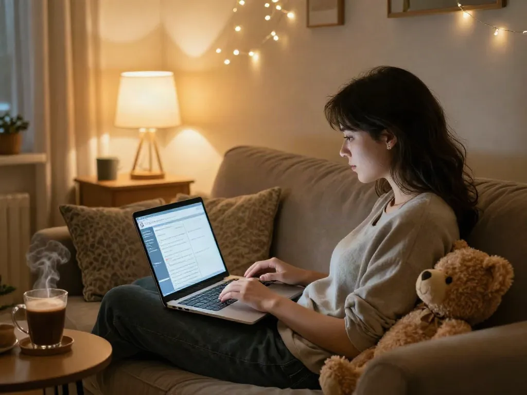 Cozy scene of a person engaging in free ai sex chat on a laptop, surrounded by a warm ambiance.