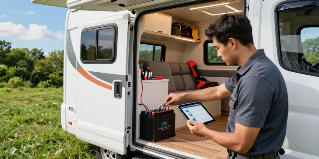 Technician installing advanced 12v batteries in modern RV while monitoring battery health on tablet.