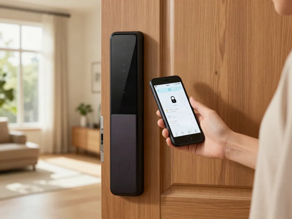 خرید قفل هوشمند featuring a stylish smart lock on a wooden door with a user interacting via smartphone.