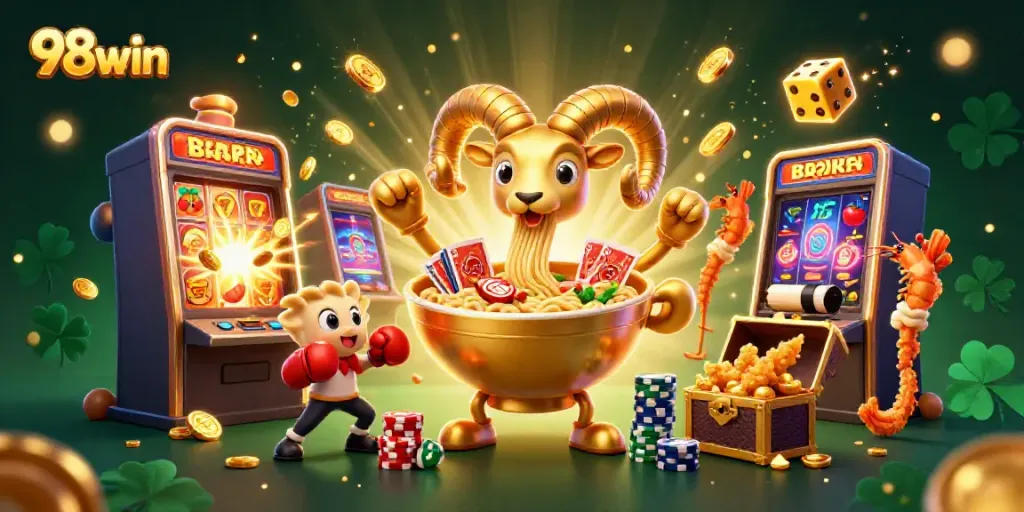 Engage in exciting gameplay with 98win's vibrant casino scene featuring unique characters and thrilling game elements.