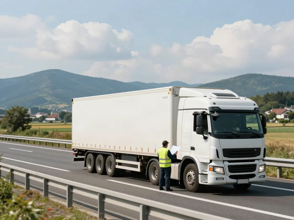 Transportfahrzeug auf Autobahn für europaweite Spedition, zeigt effizienten Gütertransport.