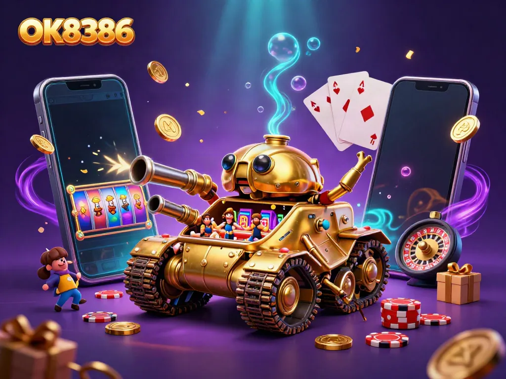Experience the excitement of OK8386 with a vibrant miniature casino nestled in a golden beetle tank, radiating fun!