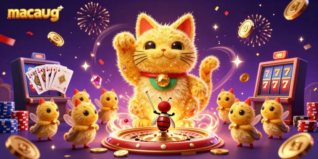 Engage in vibrant casino adventures with macaugg featuring a lucky cat and golden elements.