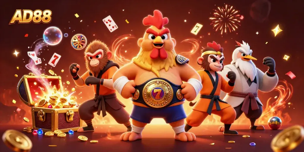 Engage with the thrill of AD88 in this vibrant 3D illustration of casino games and characters.