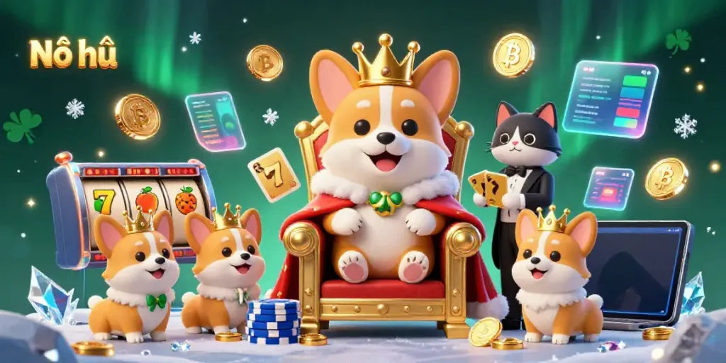 Experience the excitement of Nổ hũ with a royal corgi and gaming elements, showcasing vibrant casino fun.