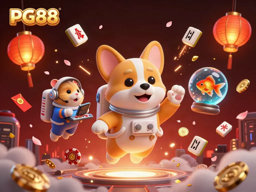 Experience PG88 with a playful astronaut corgi in a vibrant space casino bursting with excitement.