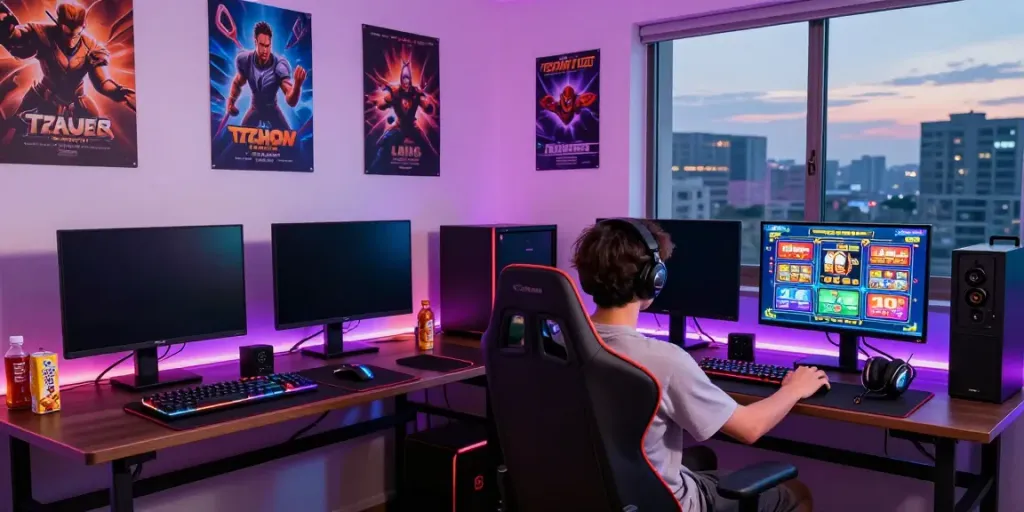 Momen bermain dewalangit slot di ruangan bermain modern dengan monitor dan perlengkapan gaming