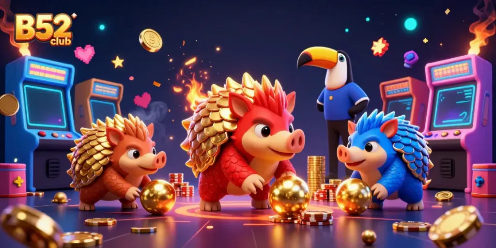 B52club pangolins competing in a colorful casino game scene with vibrant characters and dynamic game elements.