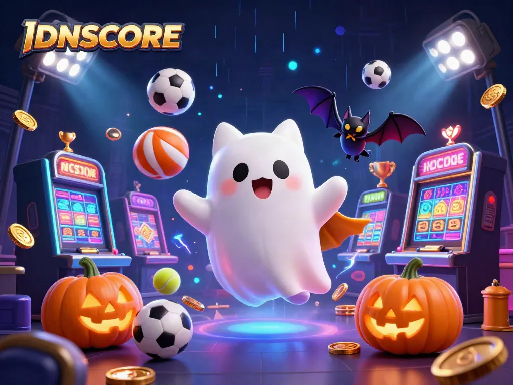 Engage with IDNSCORE in a vibrant casino scene featuring a friendly ghost cat, sports elements, and neon effects.
