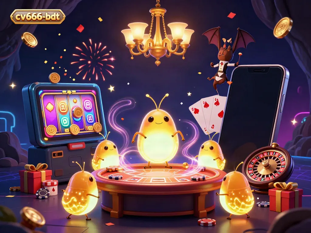 Experience the vibrant atmosphere of cv666-bdt, featuring animated glowworms and casino elements.