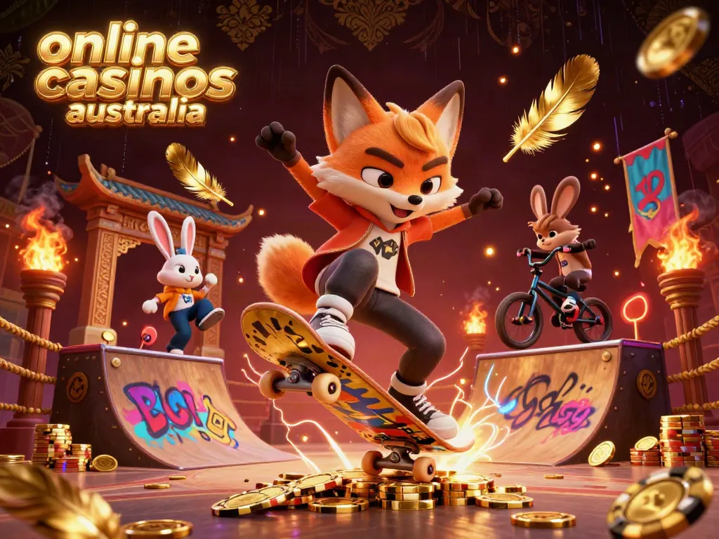 Skateboarder fox and BMX rabbit portray the excitement of online casinos Australia with golden chips and casino symbols.